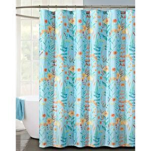 Wildflower Fabric Shower Curtain Poppies Blue Floral Faux Linen Bath Home Gift